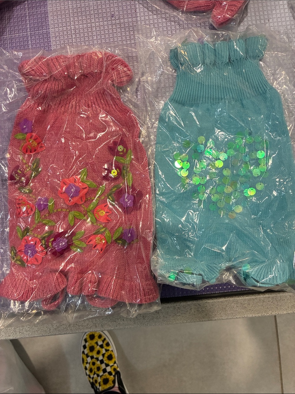 Pet Sequin Flower Knit Dress - Pink and Teal
2 sweater dresses